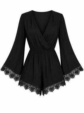 Cotton Candy LA Black Lace Bell Sleeve Tencel Boho Romper Size M